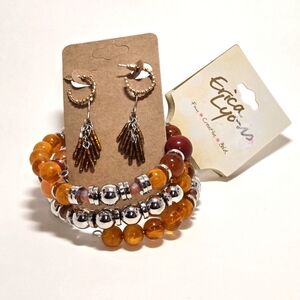 NWT Erica Lyons Wrap Bracelet and 2 Pair Earrings Goldtone Hoop Orange Sead Bead